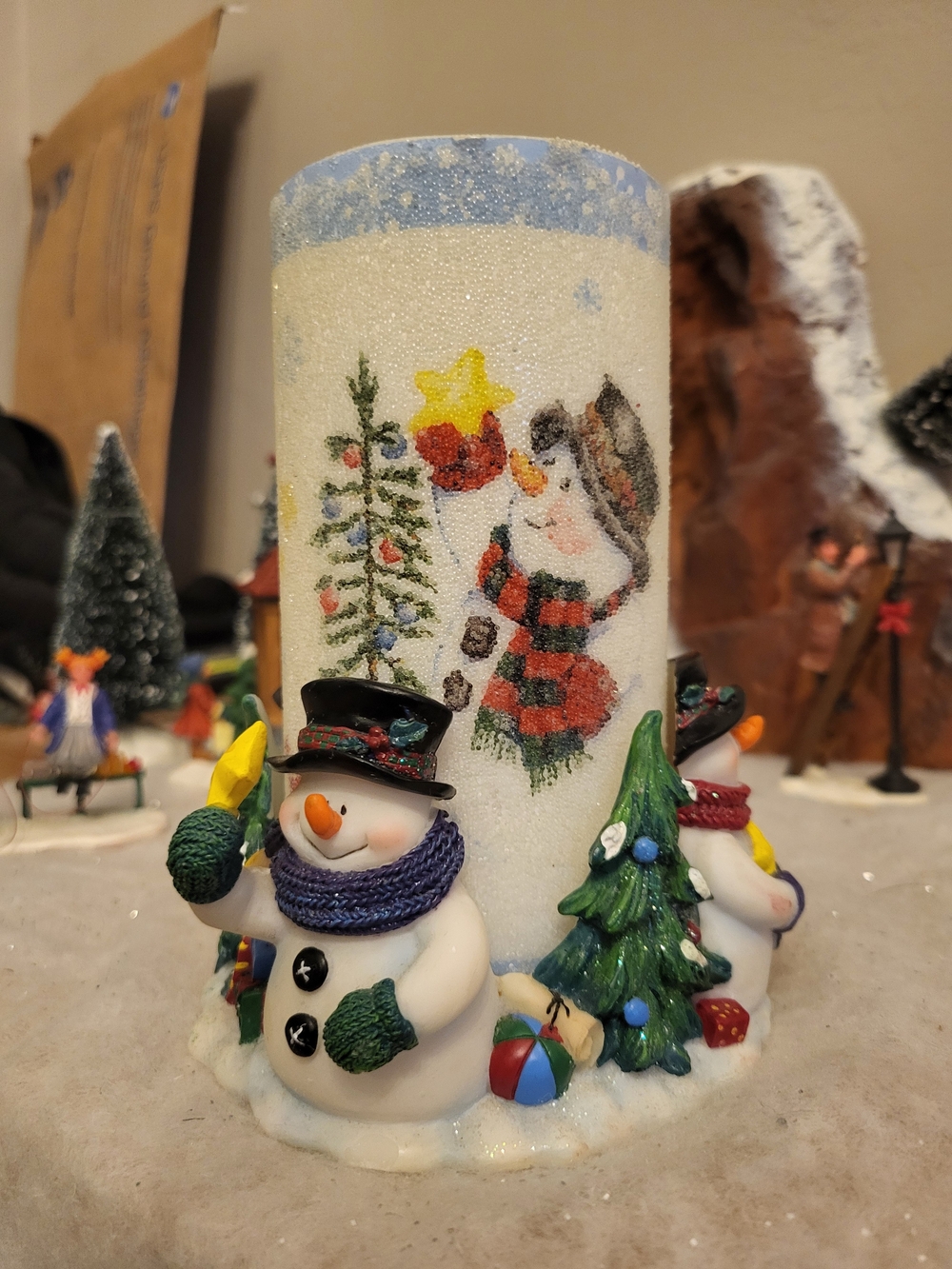 Vintage Frosted Snowman 3-Inch Pillar Candle & 3D Resin Base Set